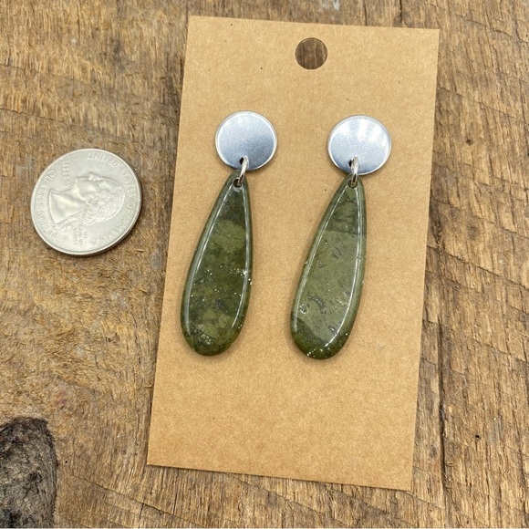Mossy Green Hanging Teardrop Jasper Studded Back Earrings - Picture 3 of 5
